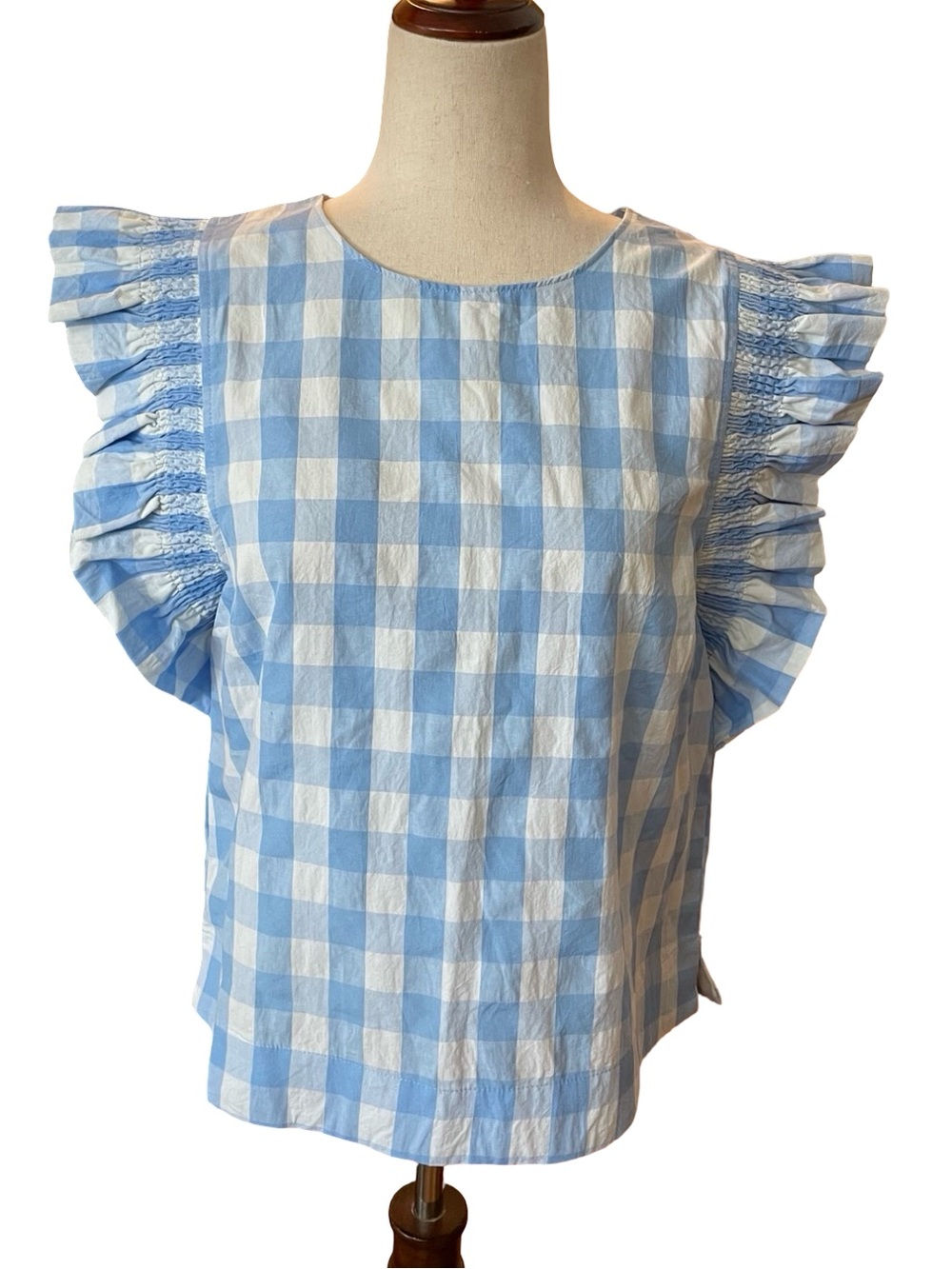 ENGLISH FACTORY GINGHAM BLUE WHITE RUFFLE BLOUSE